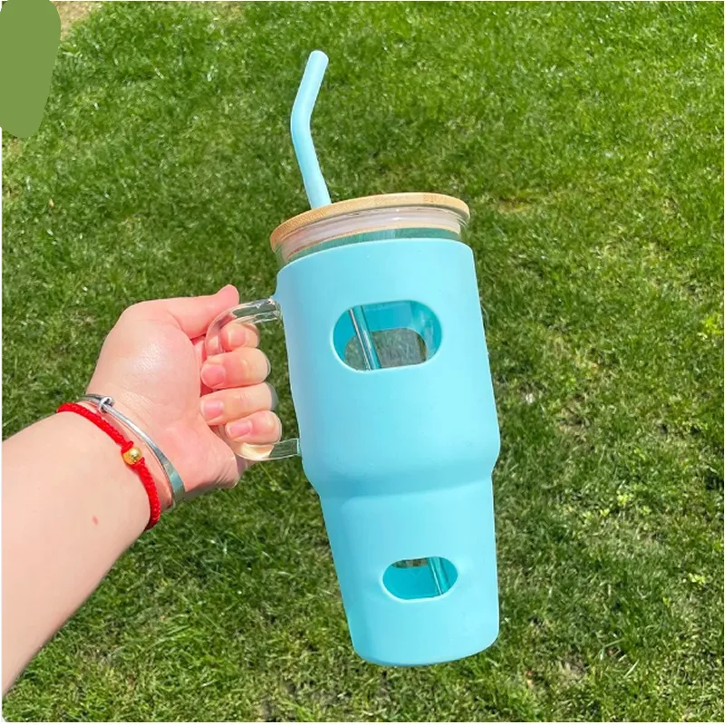 1.1L Reusable Glass Tumbler Cup With Bamboo Lid And Straw If-96 Blue