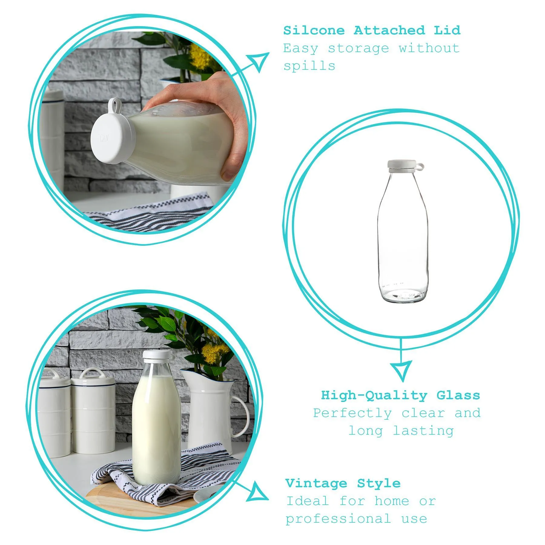 1L Glass Milk Bottle with Silicone Lid - By Argon Tableware