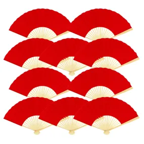 9" Red Silk Hand Fans for Weddings (10 Pack)