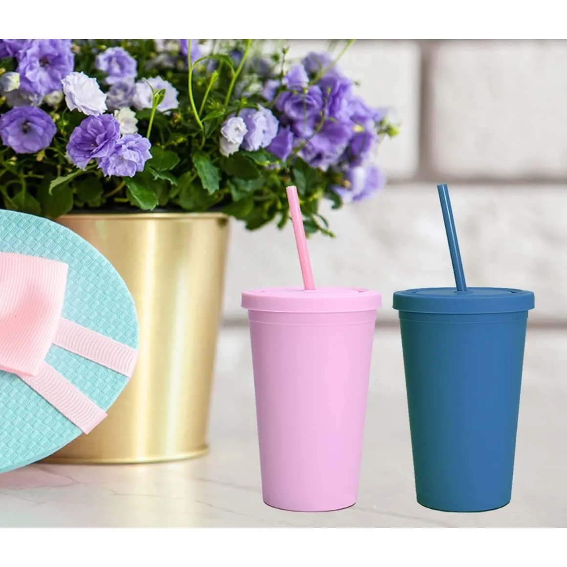 Acrylic Drinking Tumbler 450ml Pastel Colored Matte Finish Cup & Straw