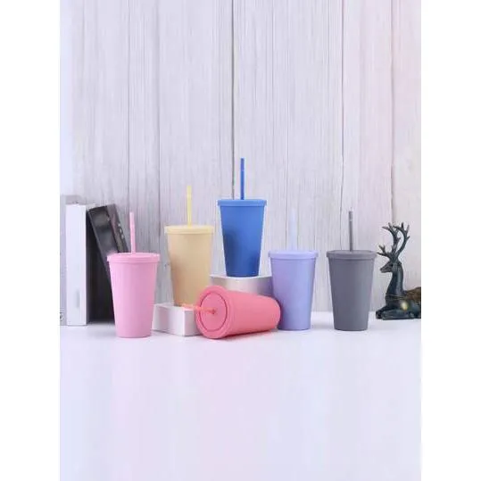 Acrylic Drinking Tumbler 450ml Pastel Colored Matte Finish Cup & Straw