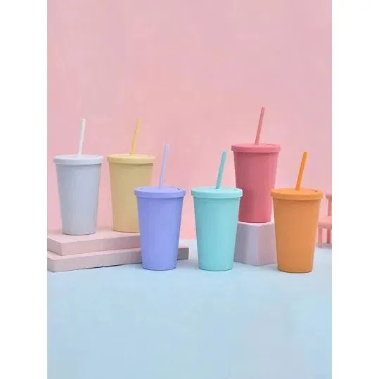 Acrylic Drinking Tumbler 450ml Pastel Colored Matte Finish Cup & Straw