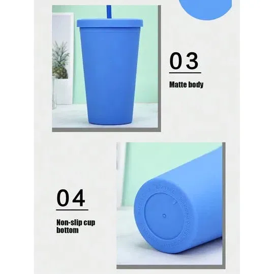 Acrylic Drinking Tumbler 450ml Pastel Colored Matte Finish Cup & Straw