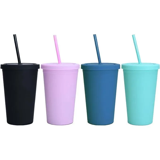 Acrylic Drinking Tumbler 450ml Pastel Colored Matte Finish Cup & Straw