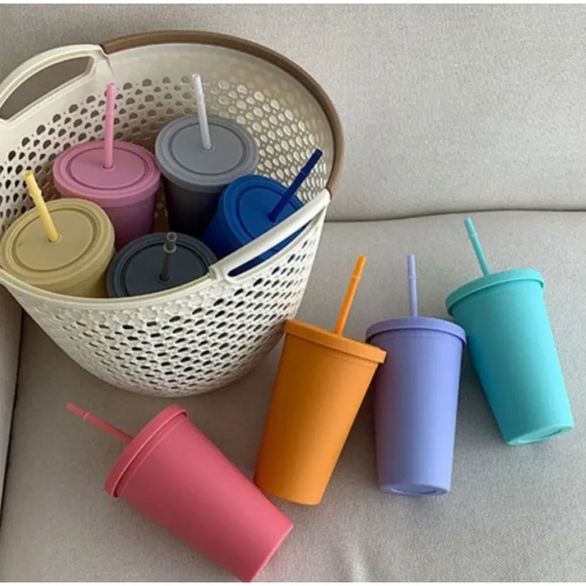 Acrylic Drinking Tumbler 450ml Pastel Colored Matte Finish Cup & Straw