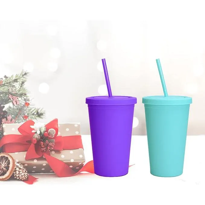 Acrylic Drinking Tumbler 450ml Pastel Colored Matte Finish Cup & Straw