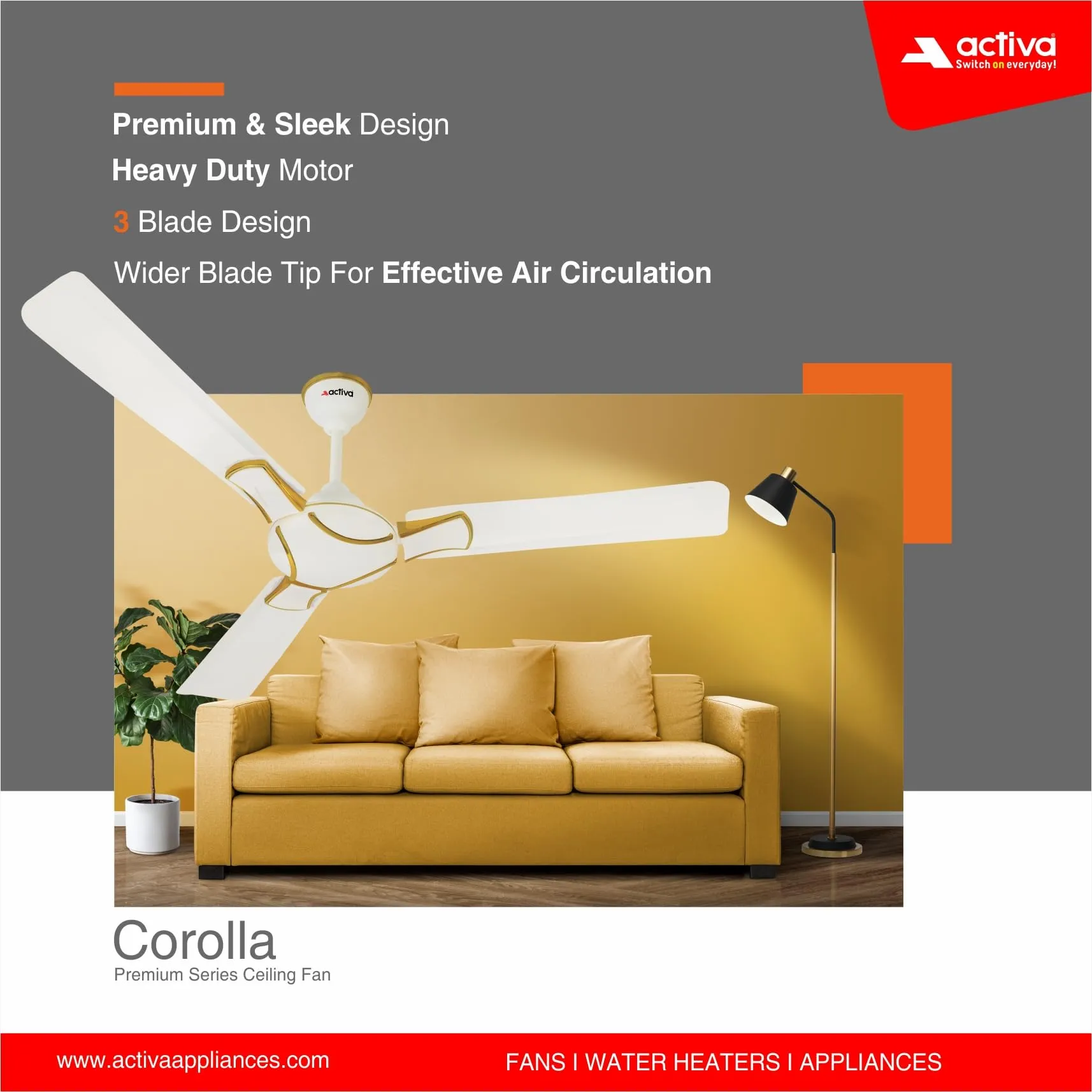 ACTIVA 1200 MM HIGH Speed 390 RPM BEE Approved Anti DUST Coating Pure Copper Corolla Ceiling Fan Pearl Ivory-2 Year Warranty Pack of 2