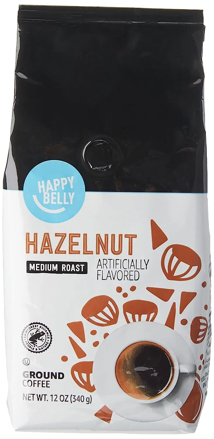 Amazon Brand - Happy Belly Hazelnut Flavored Ground Coffee, Medium Roast, 12 Ounce