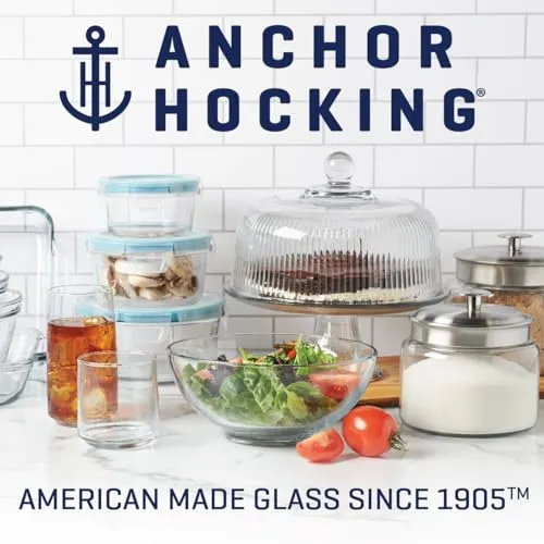 Anchor Hocking 12 Piece Glass Storage Containers with Lids (6 Glass Food Storage Containers & 6 Mixed Blue SnugFit Lids)