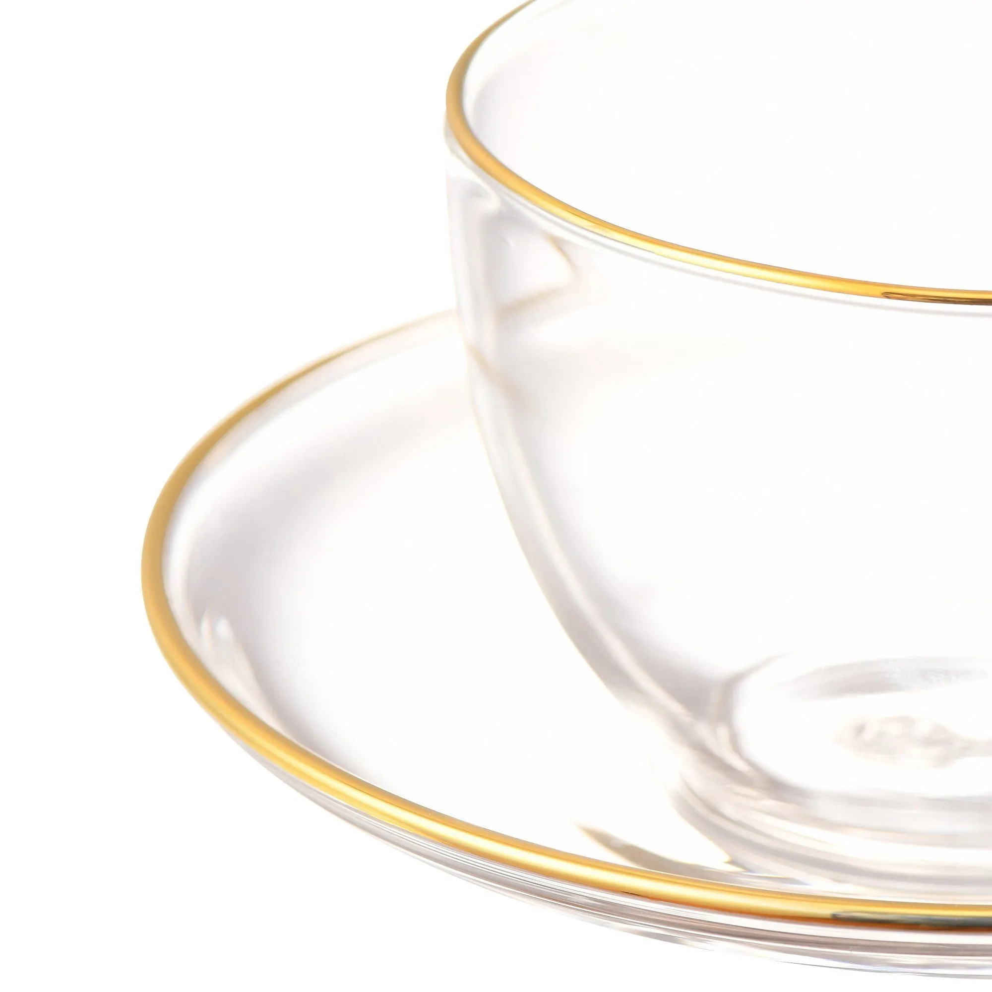 Clear Glass Cup & Saucer Gold