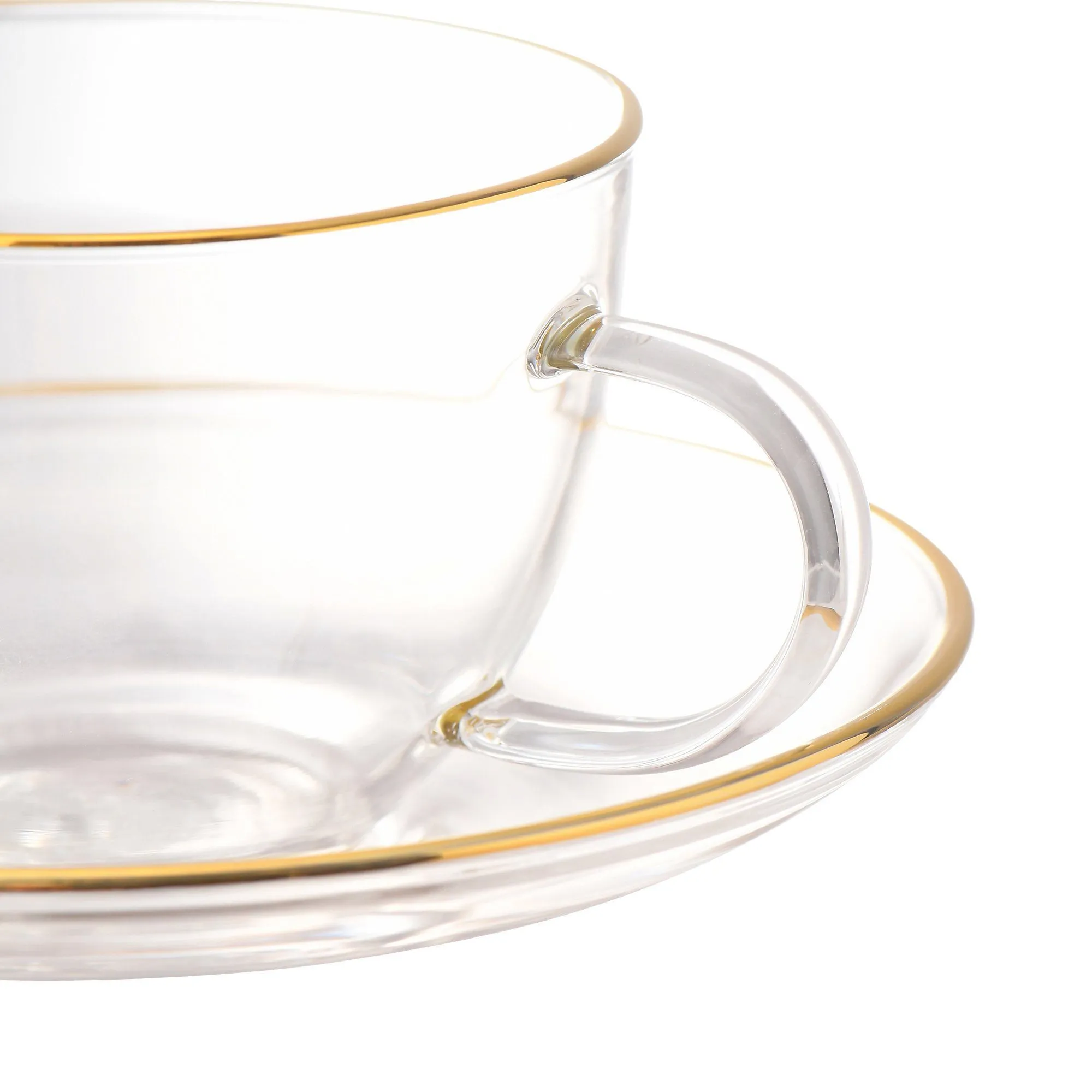 Clear Glass Cup & Saucer Gold