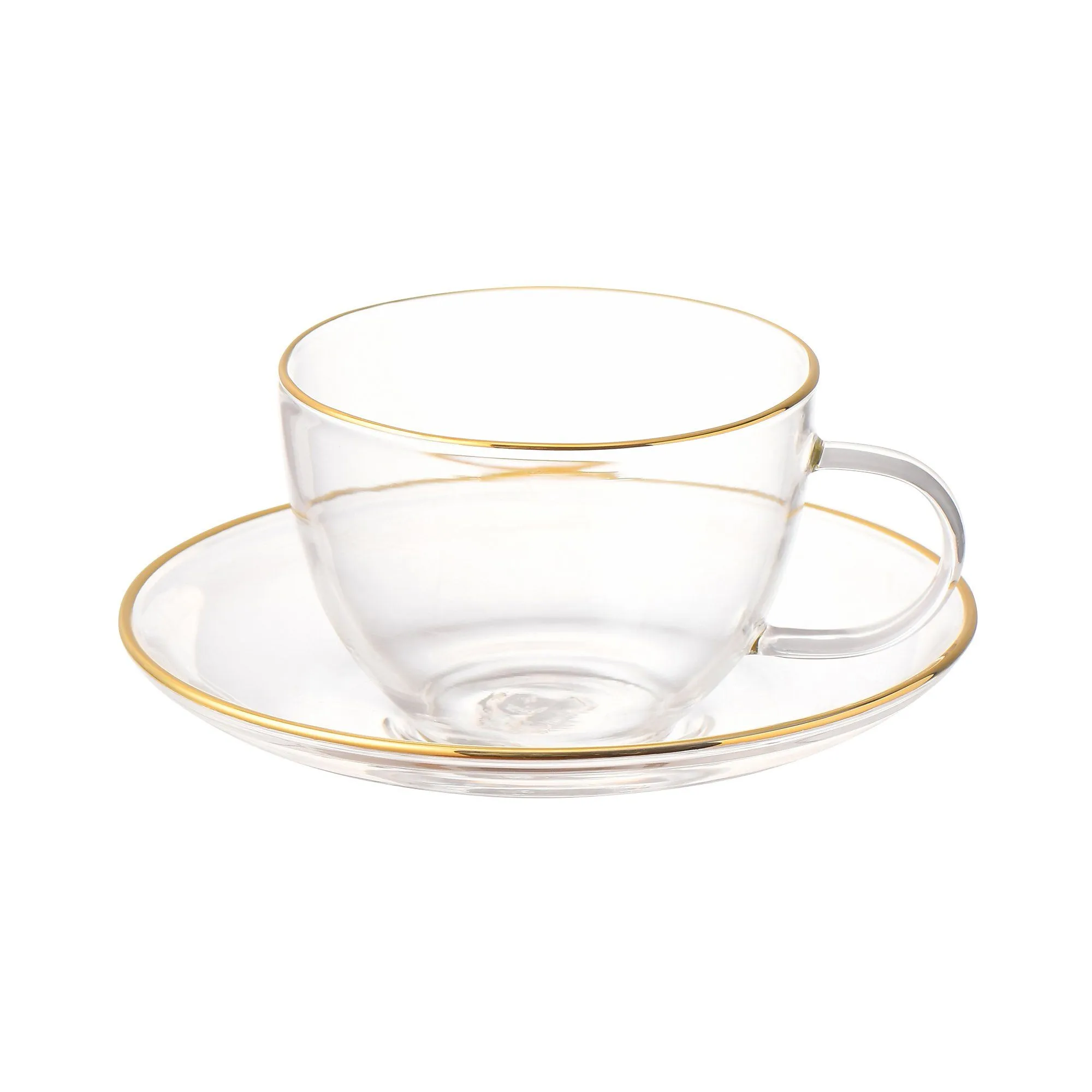 Clear Glass Cup & Saucer Gold