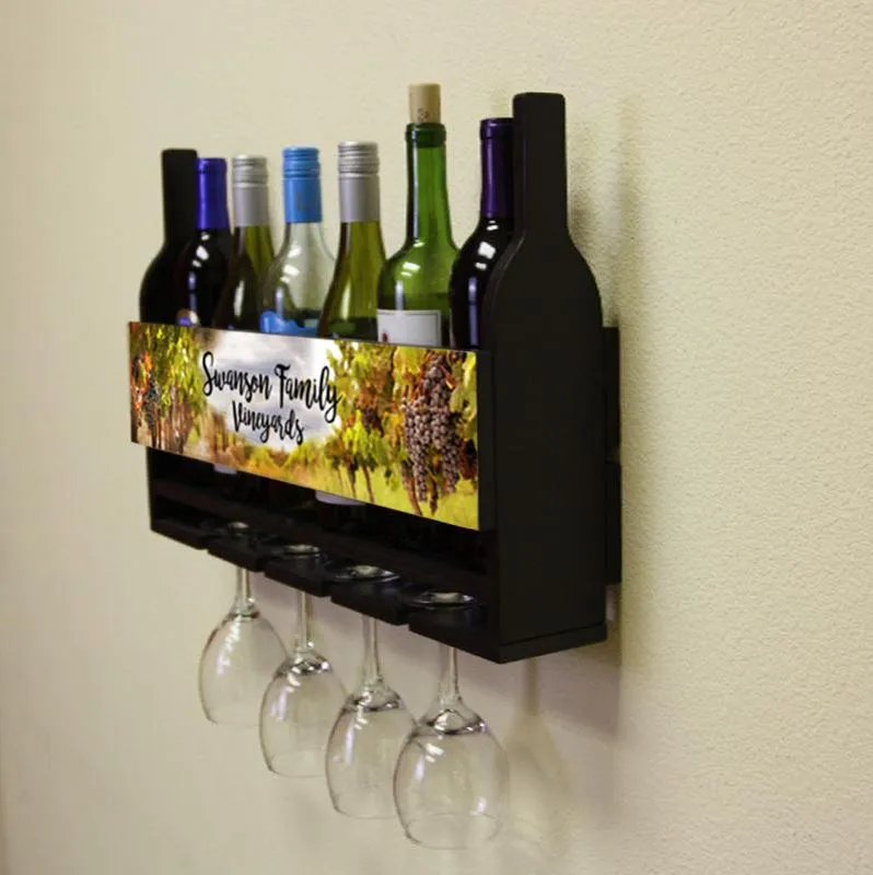 CUSTOMIZABLE Wall Mounted Wine Bottle & Glass Hanging Shelf w/ Vineyard Plaque