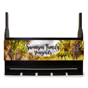 CUSTOMIZABLE Wall Mounted Wine Bottle & Glass Hanging Shelf w/ Vineyard Plaque