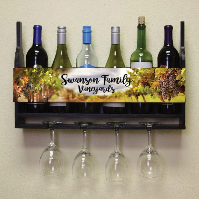 CUSTOMIZABLE Wall Mounted Wine Bottle & Glass Hanging Shelf w/ Vineyard Plaque