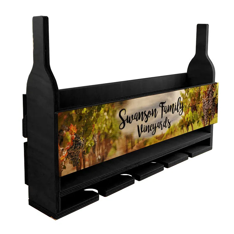 CUSTOMIZABLE Wall Mounted Wine Bottle & Glass Hanging Shelf w/ Vineyard Plaque