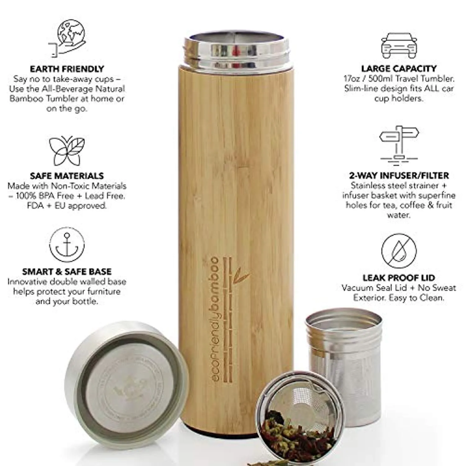 Eco-Friendly Hot and Cold Tea Infuser Travel Tumbler, Large Capacity 17 oz, 500 ml