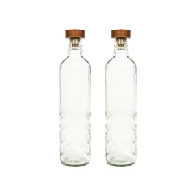 Ellementry frosted chevron glass bottle with brown wood stopper| 750 ml | Clear | Water Bottle | Milk Bottle | Juice Bottle | Cocktail Bottle | Handcrafted | Sustainable | Food Safe | Fusion | Set of 2