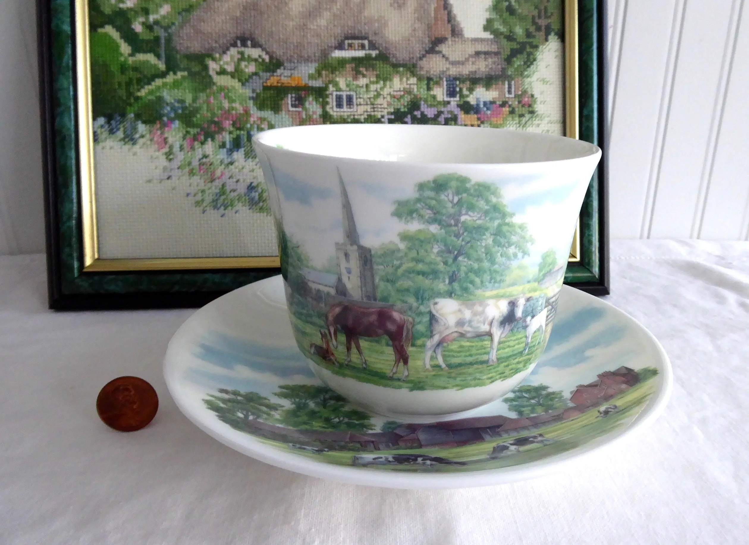 English Country Scenes Breakfast Size Cup And Saucer Roy Kirkham Bone China