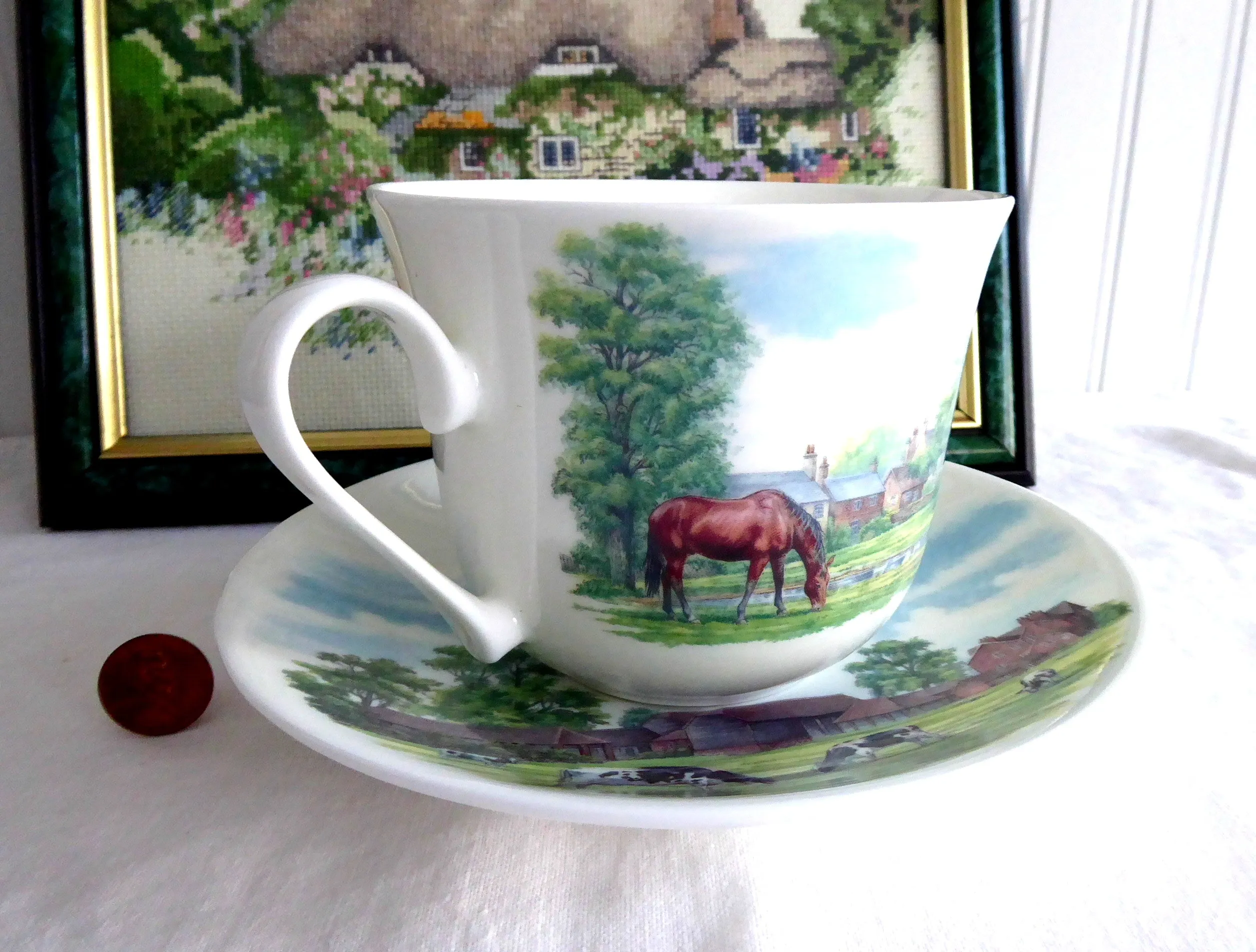 English Country Scenes Breakfast Size Cup And Saucer Roy Kirkham Bone China