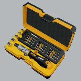 Felo 64643 Ergonic K Ratchet, Pivoting Screwdriver 20 Piece Super Versatile Box Set with Long Magnetic Extension, Power Bits Phillips/Slot/Square/Torx and Inch Sockets