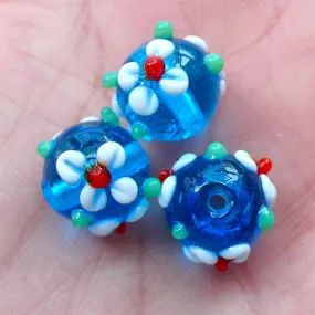 Flower Lampwork Glass Beads (3pcs / 12mm x 10mm / Blue ) Floral Focal Bead Small Hole Beads String Necklace Bracelet Earrings Making CHM2038