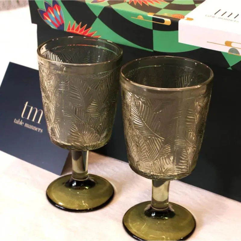 Green Embossed Wine & Champagne Glasses Set