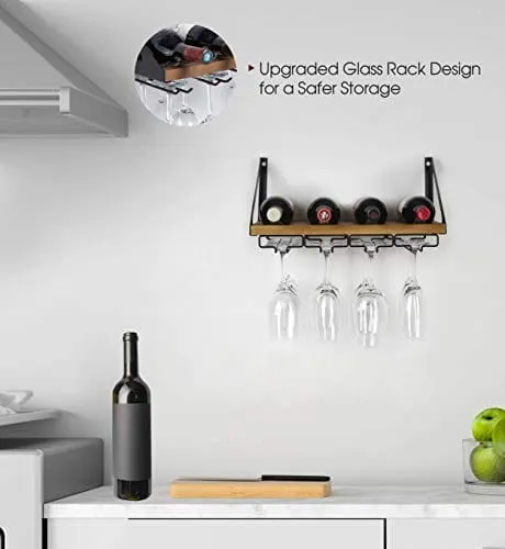 JACKCUBE Design Rustic Wood Wall Mount Wine Rack with 4 Metal Wire Glass Holder Home Kitchen Décor Storage Rack- MK478A