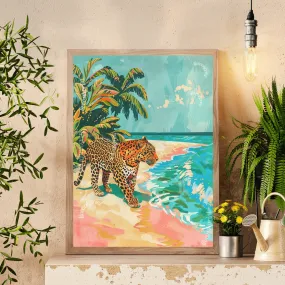 Leopard On The Beach - Vintage Leopard Print - Pink Maximalist Print - Boho Wall Art - Tropical Beach Print - Tropical Leopard Print