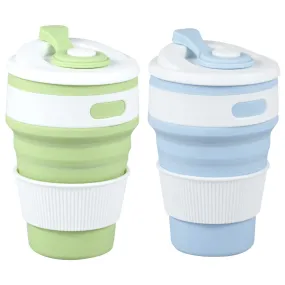 MommyLove 2Pack Collapsible Coffee Cups for Travel,12 oz Reusable Silicone Collapsible Cups with Lid for Camping -BlueGreen