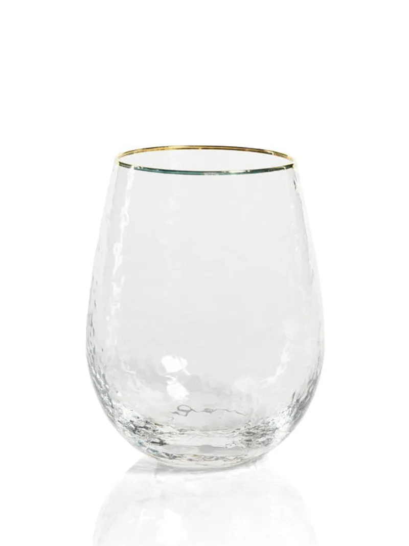 Negroni Hammered Stemless Wine Glass with Gold Rim