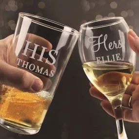 Personalised His & Her Pint And Wine Glass Set