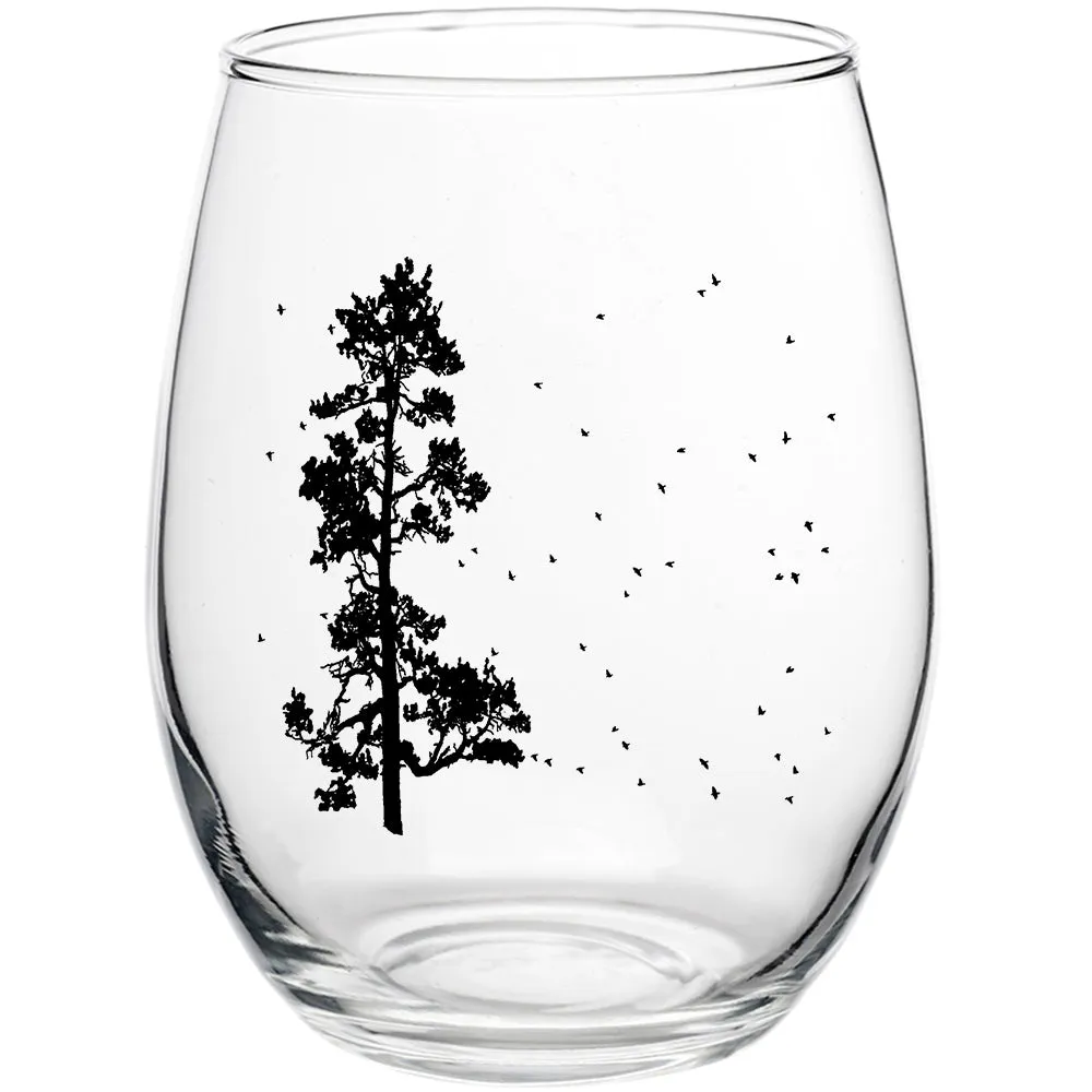 Pine Tree Flock Stemless Wine Glass