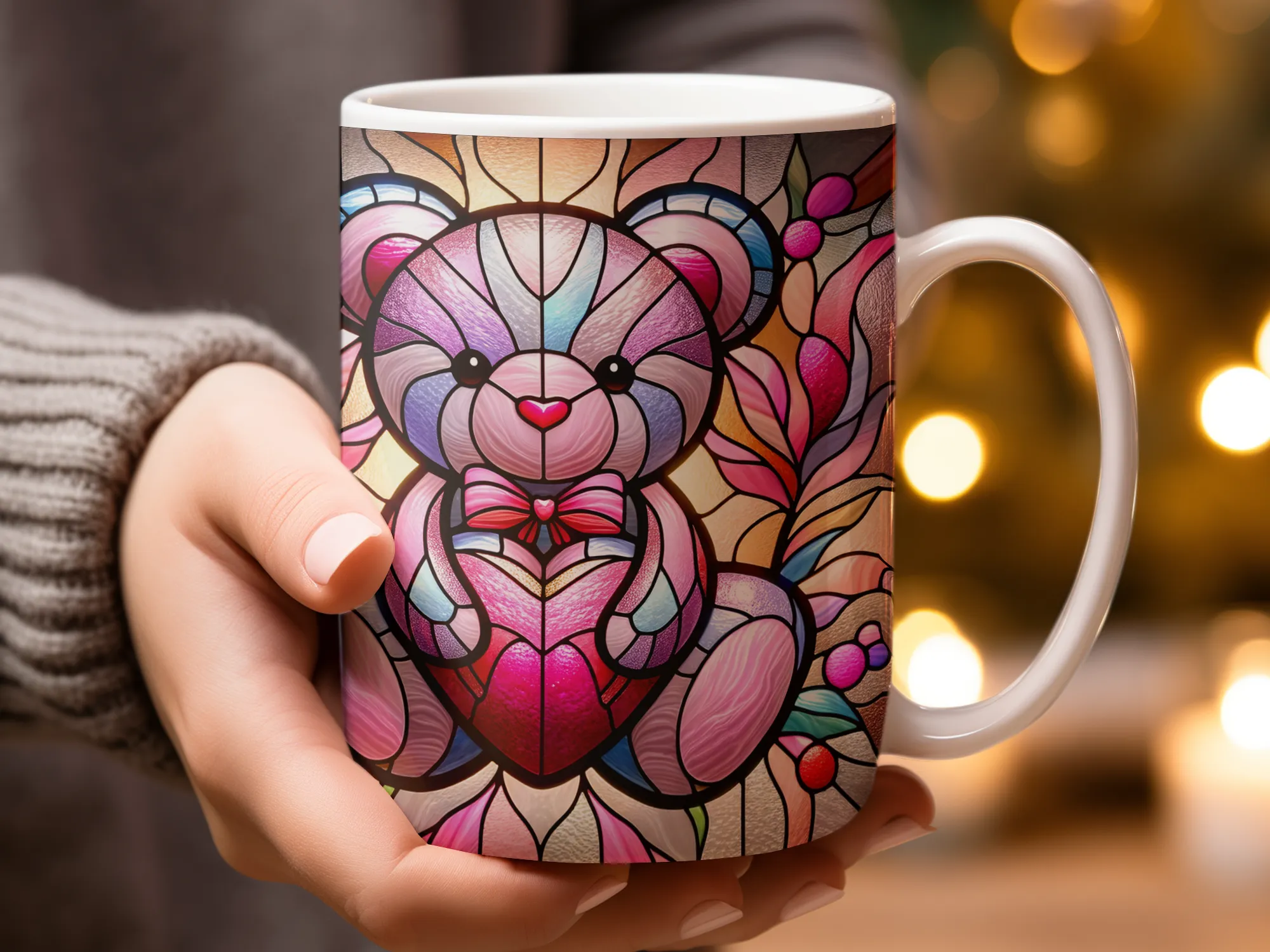 Pink Stained Glass Teddy Bear Valentines Mug, Cute Valentines Day Gift Ceramic Mug, Coffee Tea Cup Gift for Her, Romantic Gift for Valentine