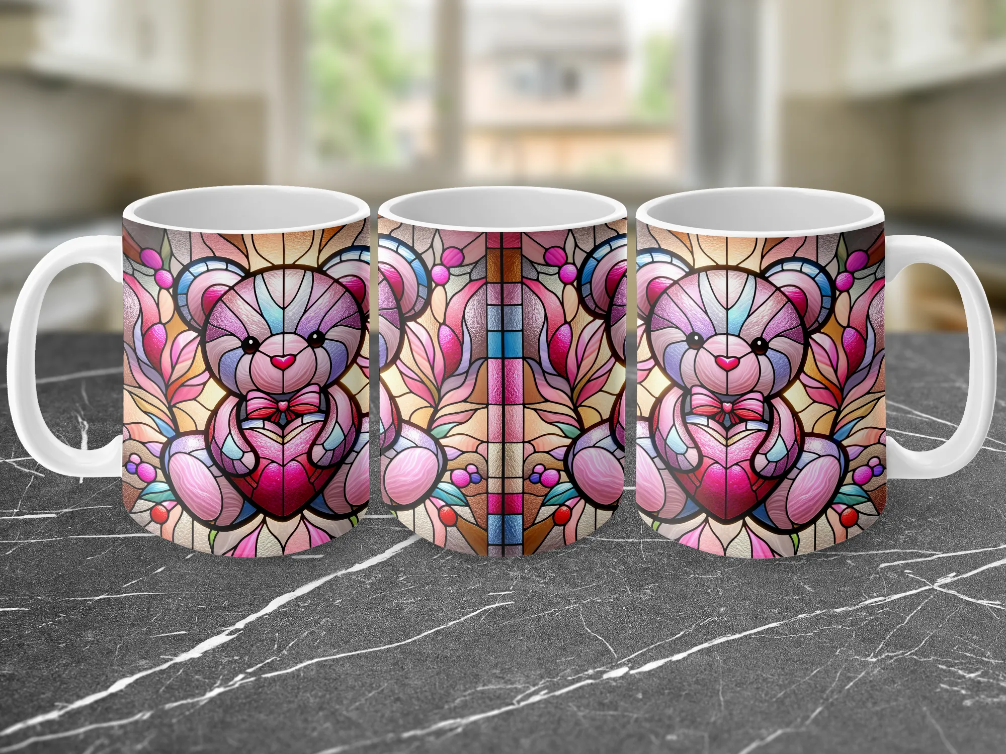 Pink Stained Glass Teddy Bear Valentines Mug, Cute Valentines Day Gift Ceramic Mug, Coffee Tea Cup Gift for Her, Romantic Gift for Valentine