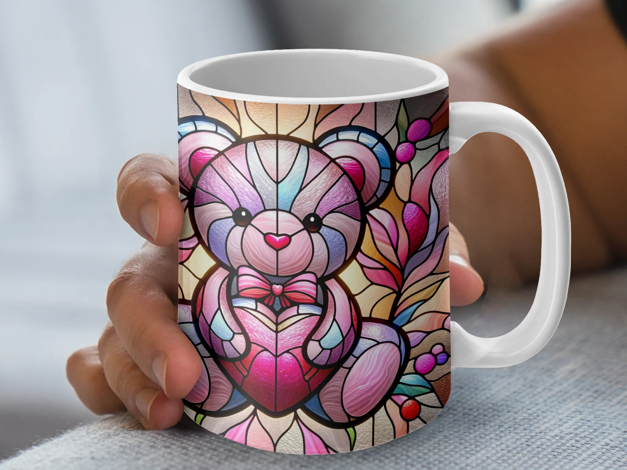 Pink Stained Glass Teddy Bear Valentines Mug, Cute Valentines Day Gift Ceramic Mug, Coffee Tea Cup Gift for Her, Romantic Gift for Valentine