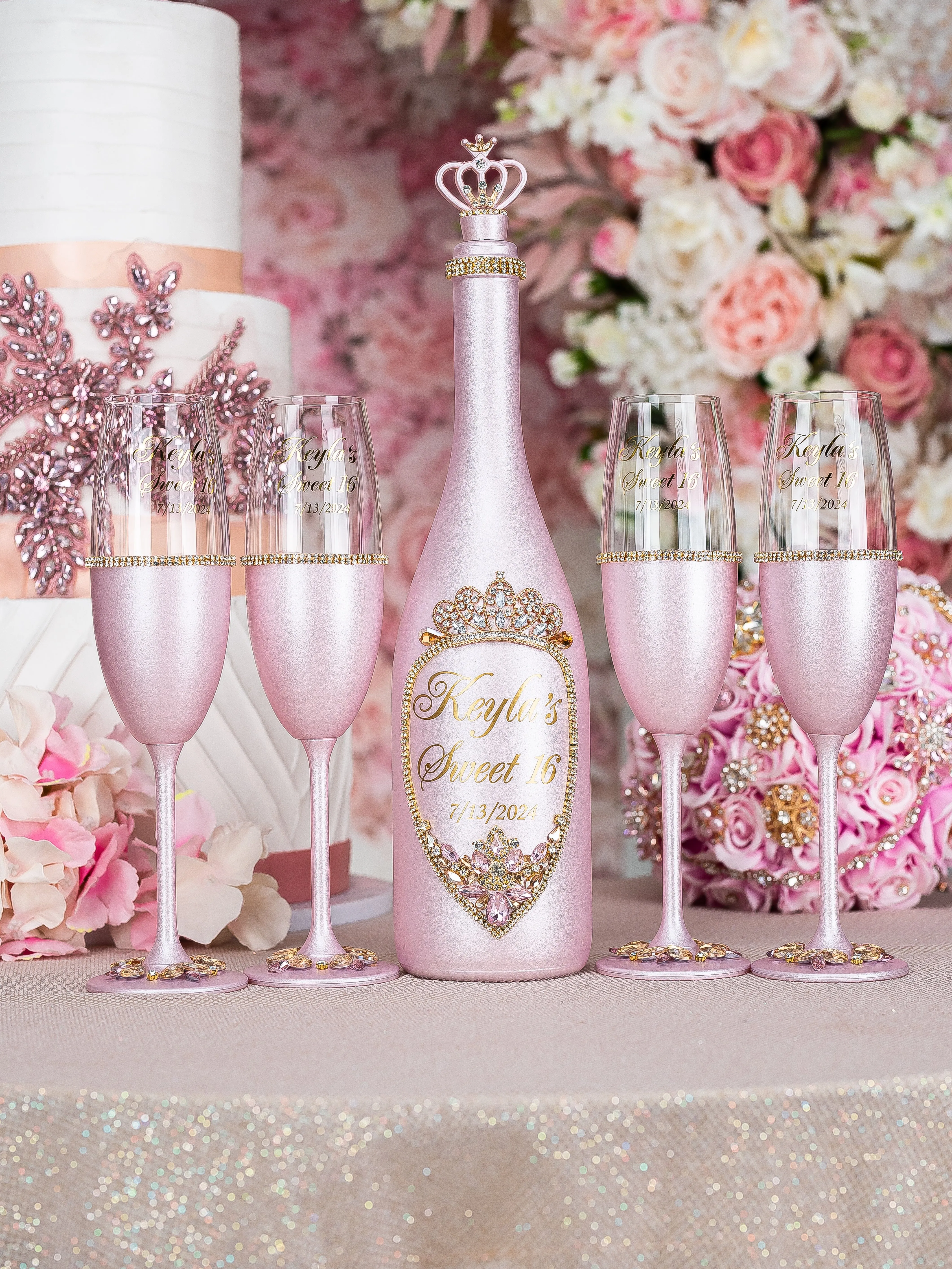 Pink with Gold quinceanera bottle with 2 glass (1 simple and 1 fancy)