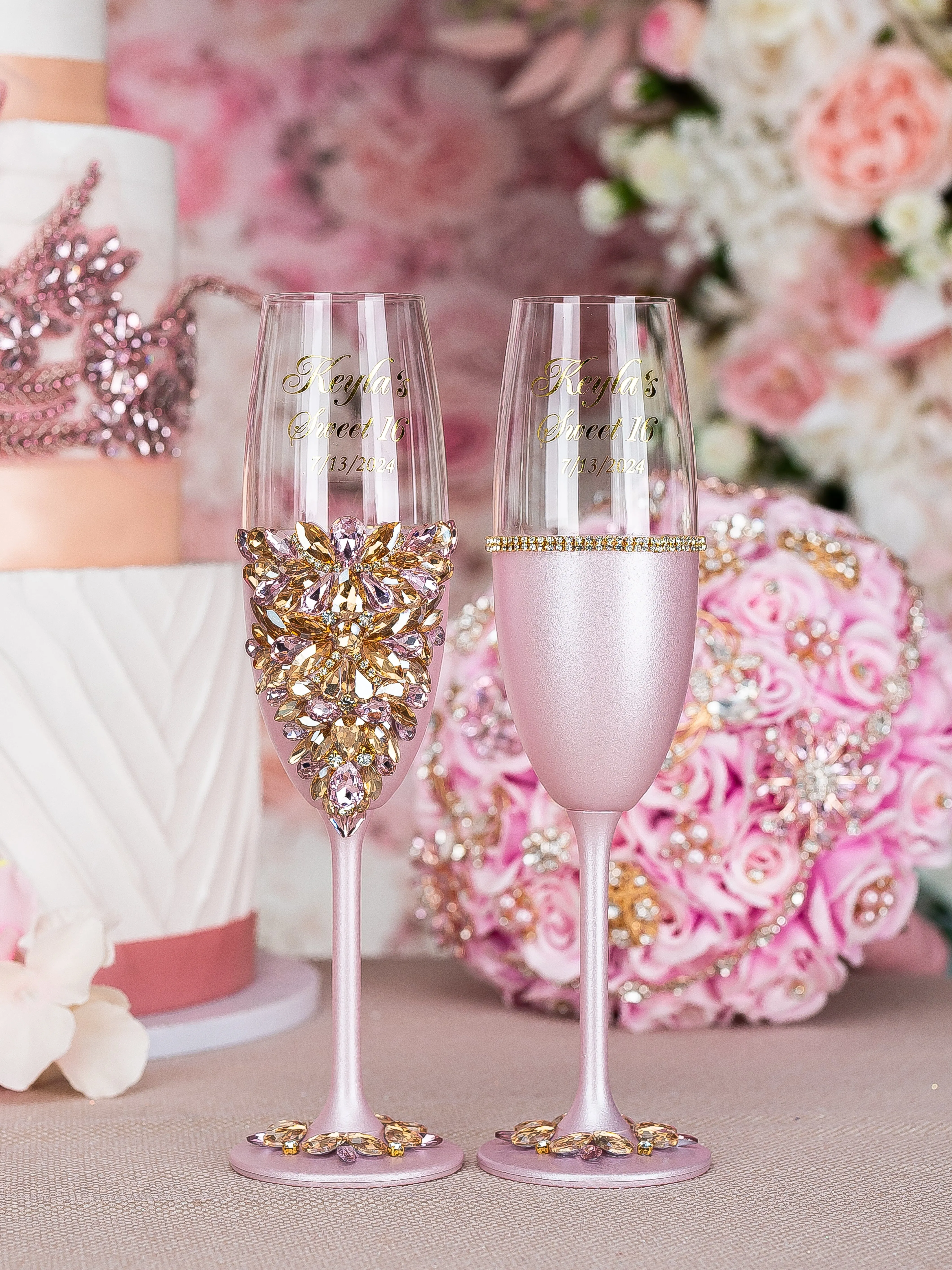 Pink with Gold quinceanera bottle with 2 glass (1 simple and 1 fancy)