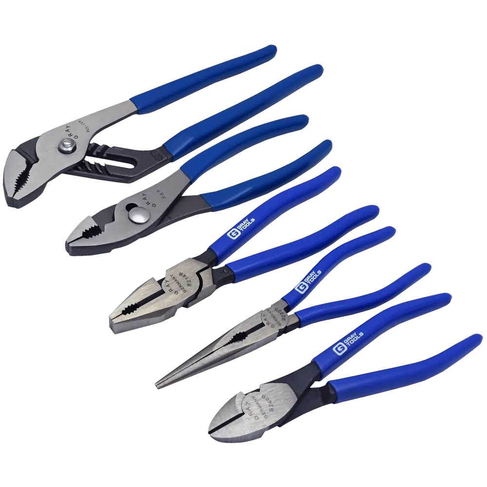 Pliers Set - Gray Tools 5-Piece Set w/ Lineman's, Needle Nose, Diagonal Side Cut, Adjustable Joint & Slip Joint, B5PLS