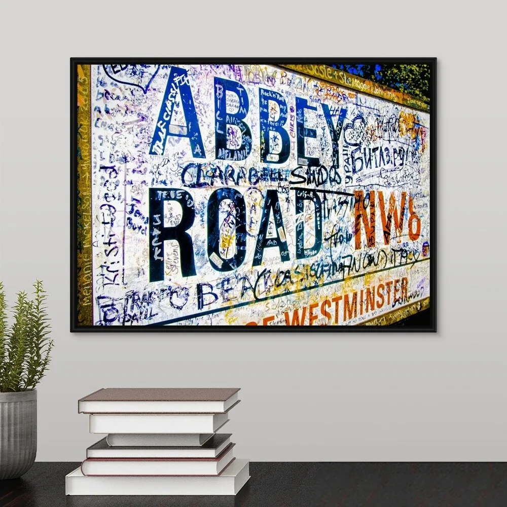 "Abbey Road road sign, London" Black Float Frame Canvas Art