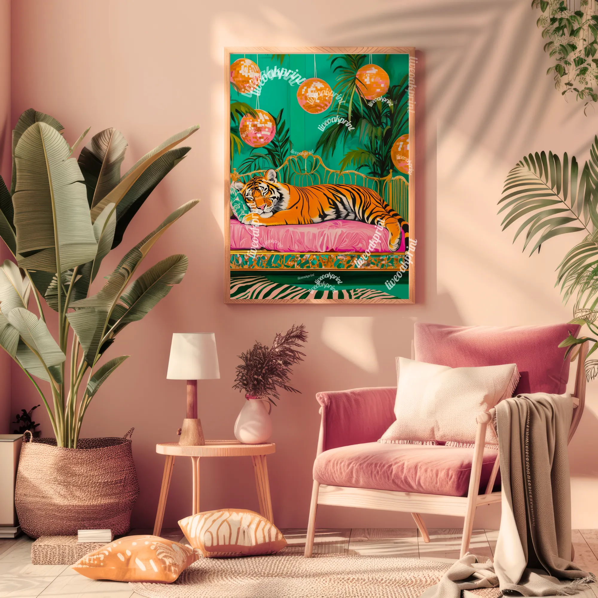 Sleeping Tiger Under Disco Ball - Tiger Print - Maximalist Wall Art - Bold Tiger Decor - Pink Tiger Print - Boho Jungle Wall Art