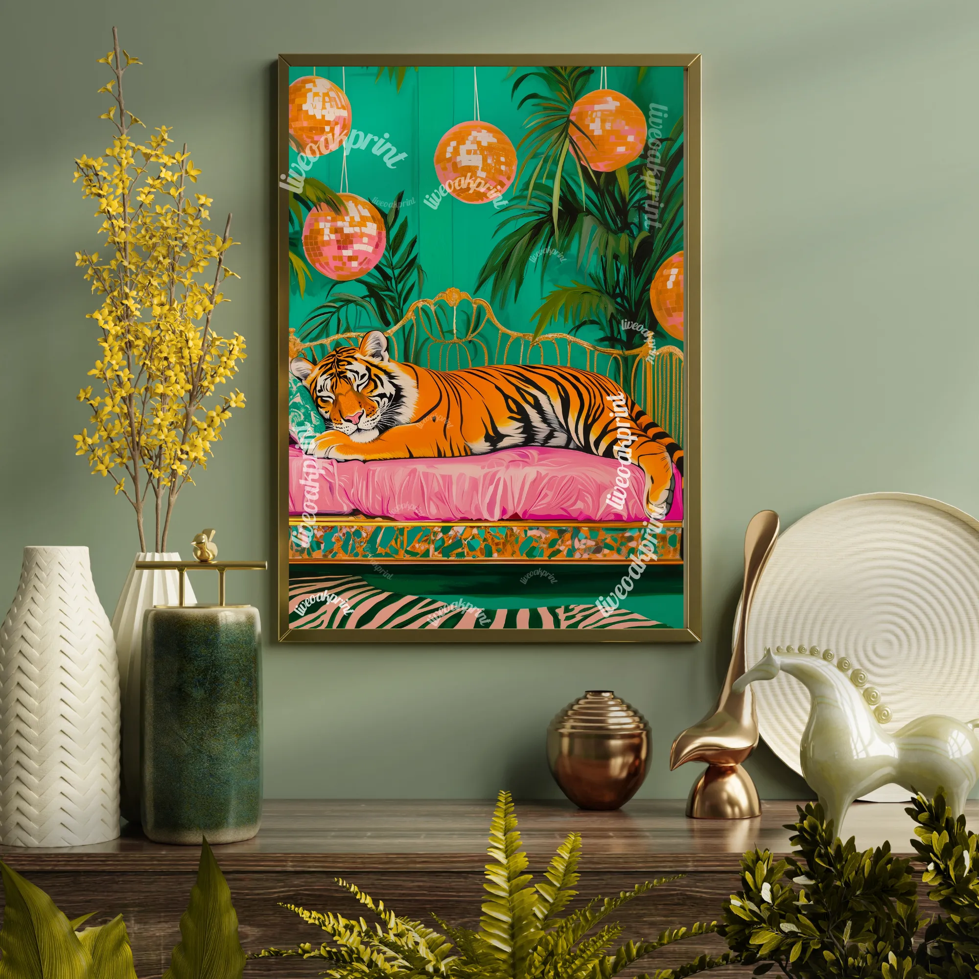 Sleeping Tiger Under Disco Ball - Tiger Print - Maximalist Wall Art - Bold Tiger Decor - Pink Tiger Print - Boho Jungle Wall Art