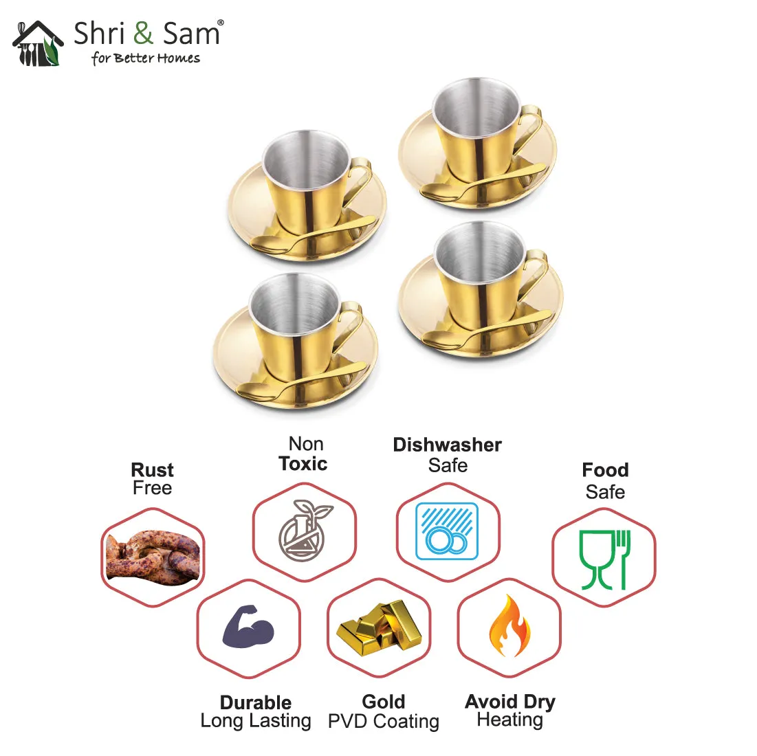 Stainless Steel 4 PCS Double Wall Cup and Saucer with Gold PVD Coating Rise