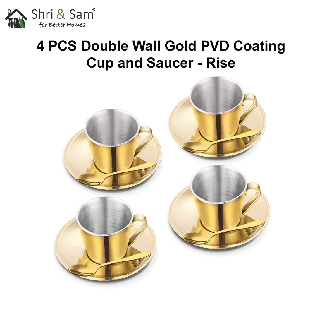 Stainless Steel 4 PCS Double Wall Cup and Saucer with Gold PVD Coating Rise