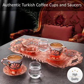 Turkish Coffee Cup Set of 2 with Bowl & Tray, Rosegold, 3 Oz