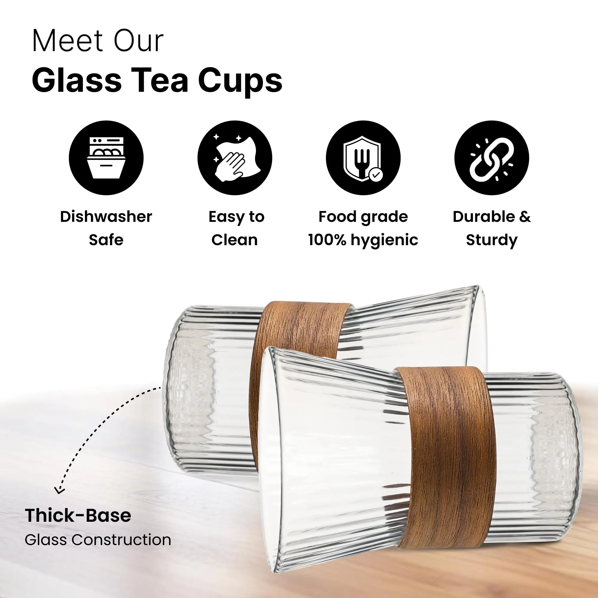 UMAI Glass Tea and Coffee Mugs (Set of 4-280ml Each) | Lead-Free Glass Cups with Anti Slip Wooden Sleeves for Hot & Cold Beverages | Mugs for Coffee | Tea Cup Set | House Warming Gifts for New Home