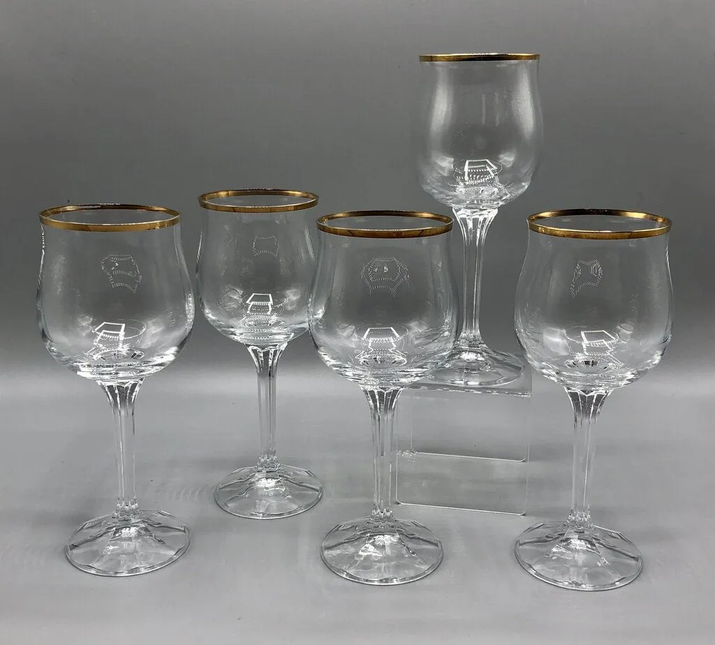 Vintage Bohemia Crystal “Geneve” Wine Goblet w/ 14K Rim Set of 5. /b