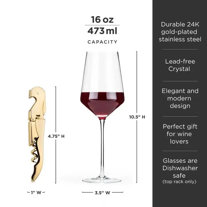 Viski Crystal Wine Glasses & Corkscrew Gift Box Set - Set of 3