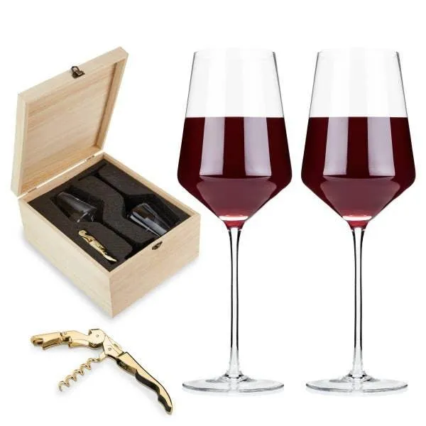 Viski Crystal Wine Glasses & Corkscrew Gift Box Set - Set of 3