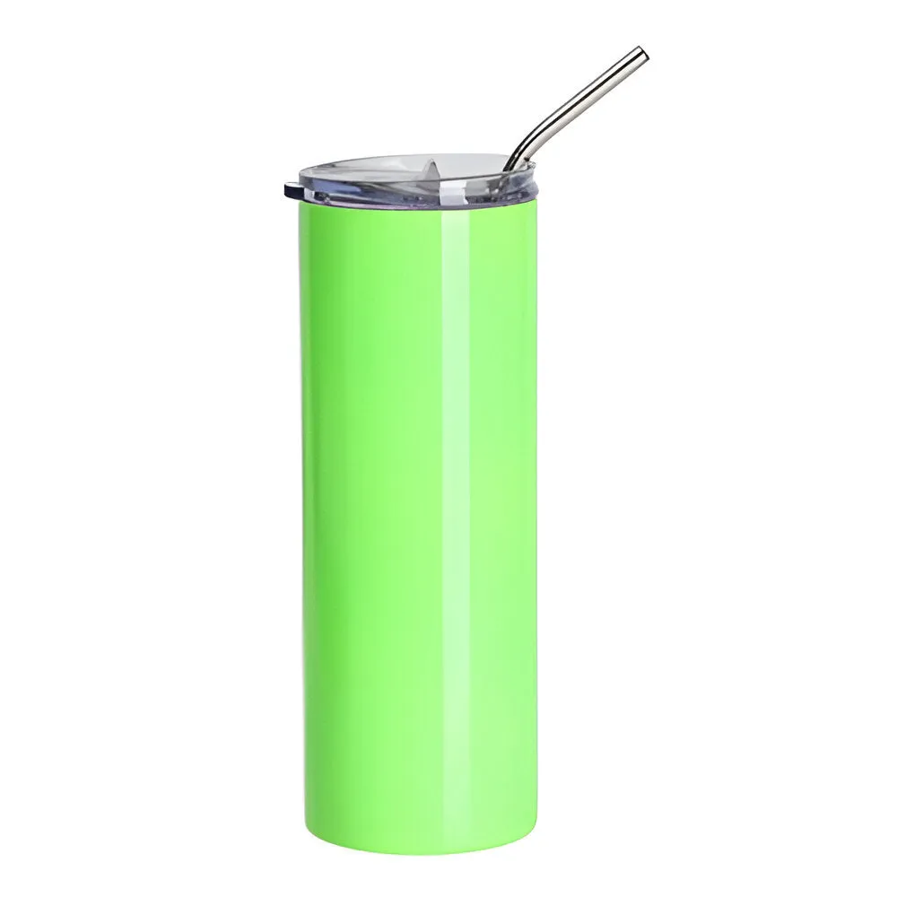 Water Bottles - Slim Stainless Steel - NEON GREEN - 600ml Tumbler with Straw